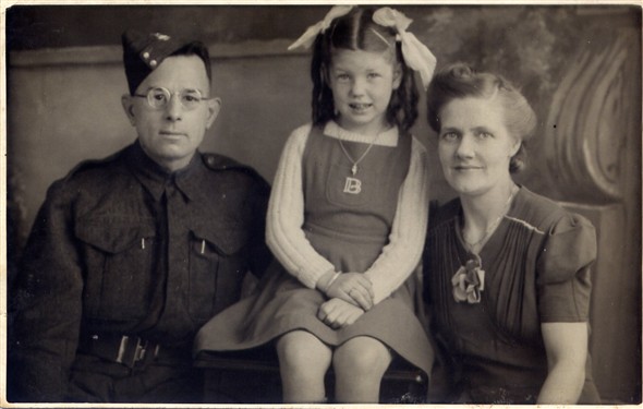 Photo:Mum, Dad and me (10 November 1943).  Dad  - Royal Army Ordnance Corps.