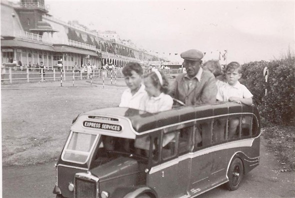 Photo:Miniature Southdown Coach at Peter Pan's Playground, Madiera Drive, Brighton.-1950's?  Cousins Jill and David @ back.